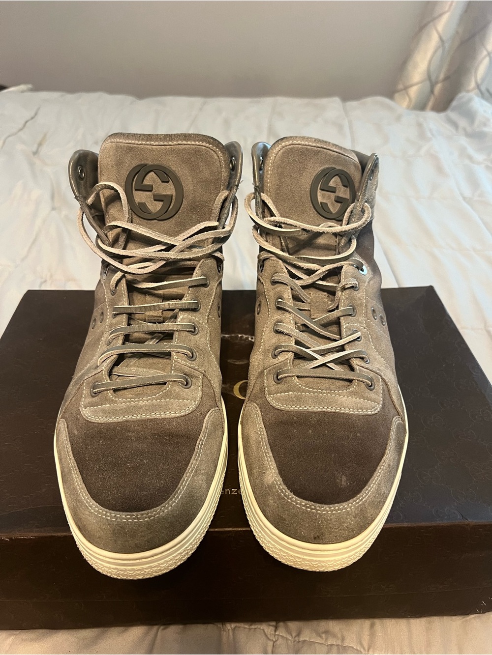 2010s Gucci Eyed Grey Suede Leather High Sneakers